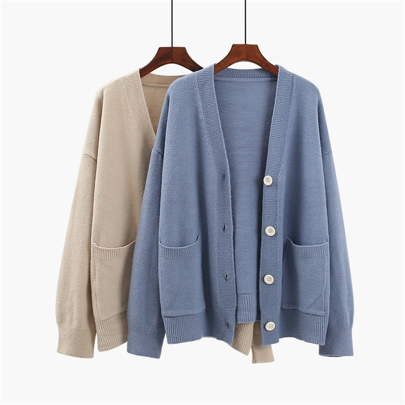 Mid-length V-neck pocket sweater cardigan female new loose student lazy wind sweater coat 201111wtt