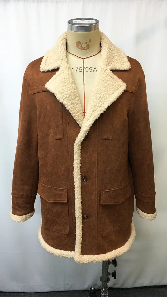 Mens Vintage Suede Leather Patchwork Outdoor Jacket Lamb Shearling Fleece Lined Reverse Collar Coat with Multiple Pockets 250924