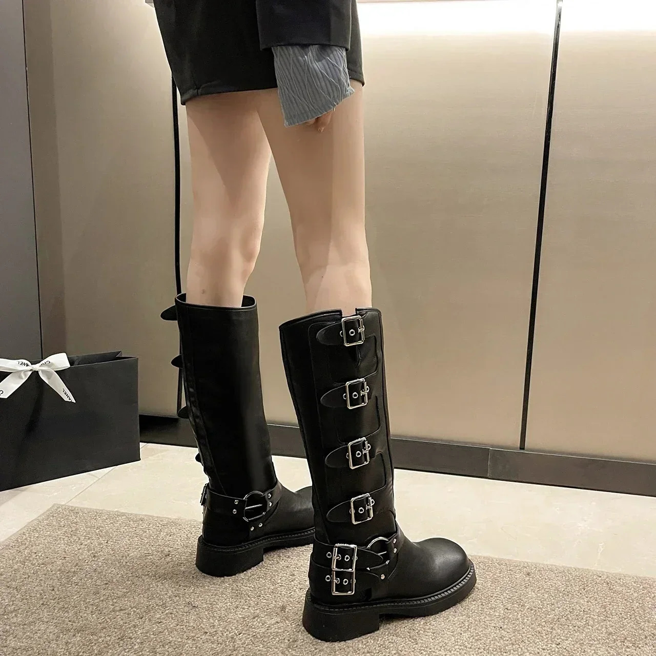 Woman Boots Knee High Platform Elegant Low Heel Trend Punk Gothic Rock Leather Fashion Womens Shoes Motorcycle Footwear 250930