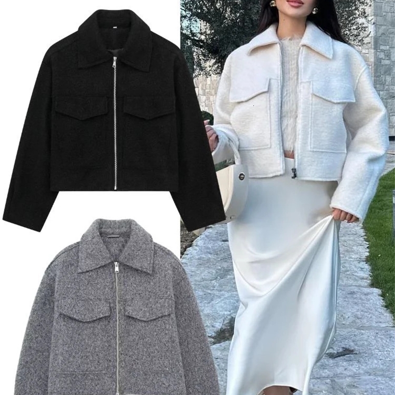 TRAFZA Vintage Women Solid Tweed Cropped Jacket With Pockets Long Sleeves Lapel Cardigan Coat Female Street Outerwear 250120wtt