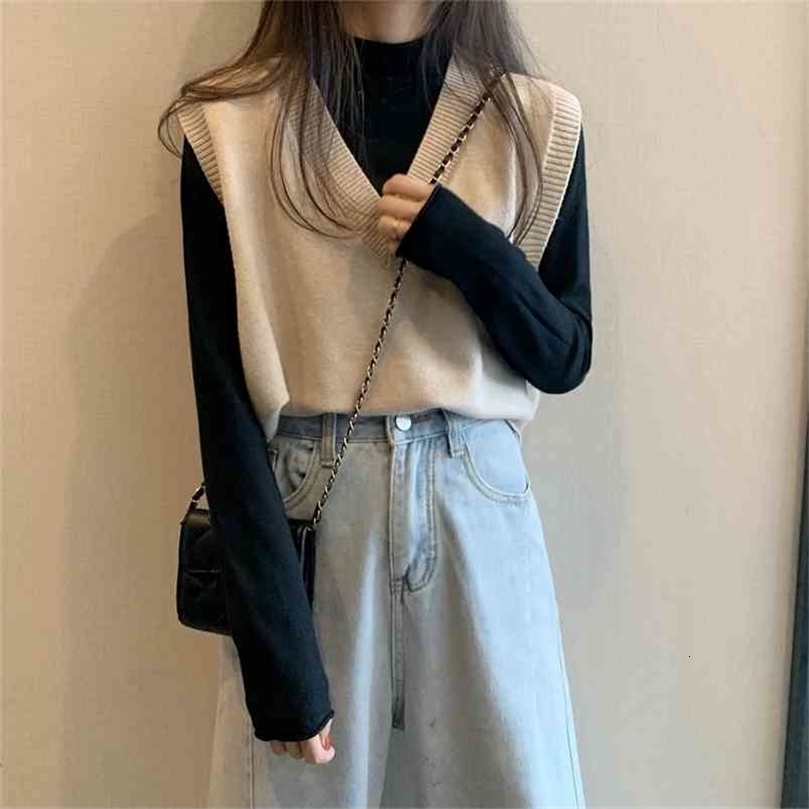 Spring Korean Women Vest Preppy Style Casual V-neck Knitted Vests Clothing High Quality 210909wtt