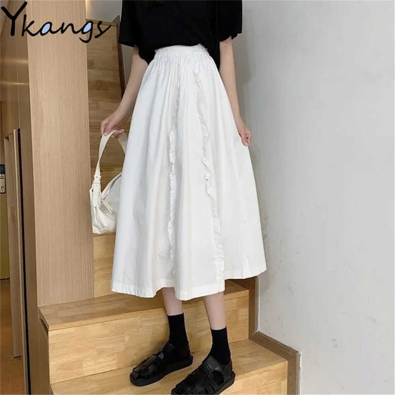 Sweet Japanese Ruffled Pleated Skirt Women High Waist BF Loose Casual Long Skirt Black White Summer Wild Student Streetwear 210619wtt