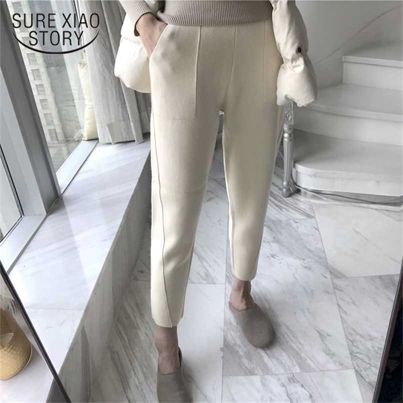 Spring Casual Elastic Waist Loose Women Woolen Pants Autumn Winter Harem Pants High Waist Plus Size Pocket Pantalon Femme 211112wtt