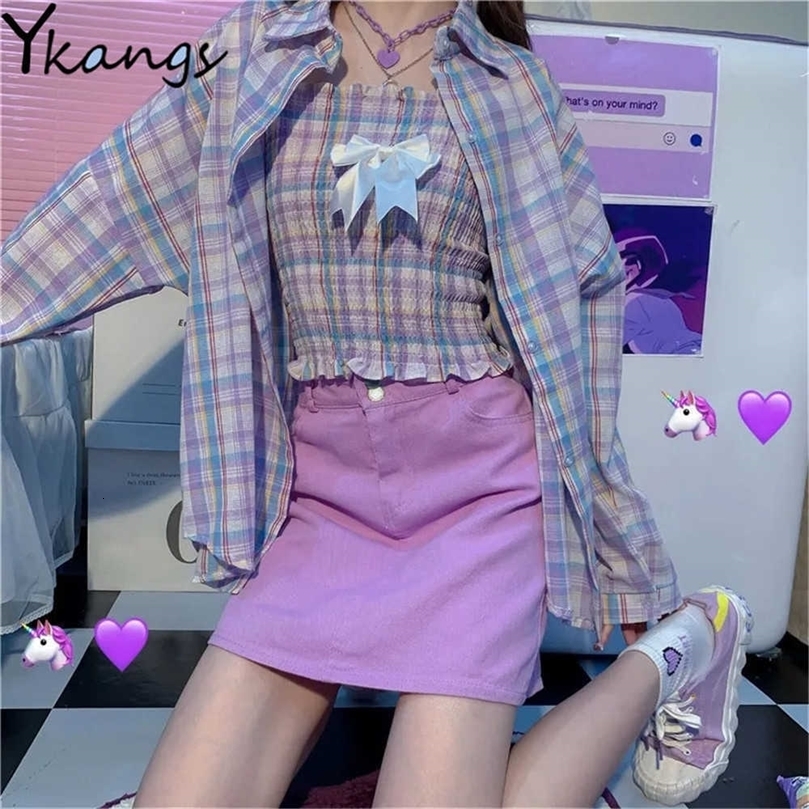 Women Summer Sun Protection 2pcs Set Loose Purple Thin Batwing-Sleeve Plaid Shirts +Sexy Sleeveless Sling Corset Harajuku Wild 210619wtt