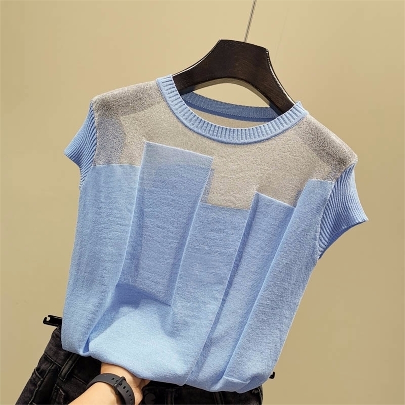 Korean patchwork Ice silk knitted sweater women o-neck short sleeve pullover fashion thin sweaters summer new arrival tops 201030wtt