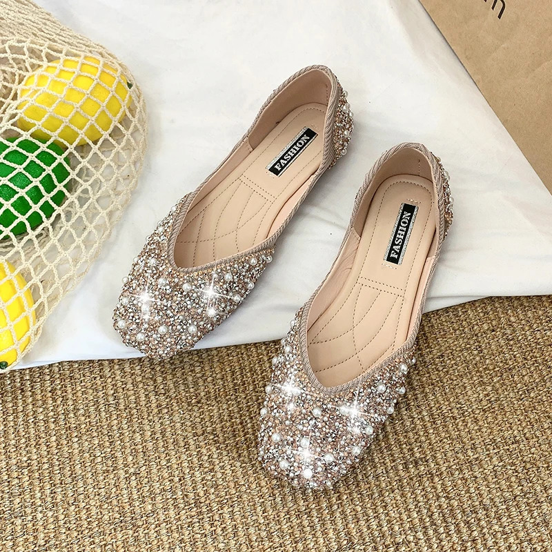Glitter crystal pearl studs ballet shoes women square toe slip on loafers cozy shallow cutout ballerina flats moccasins female 250930
