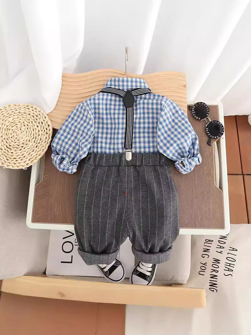 Trendy Toddler Boys' Plaid Long-Sleeve Suspender Pants Set Stylish Casual Outfit for Spring & Autumn 2025s free shipping