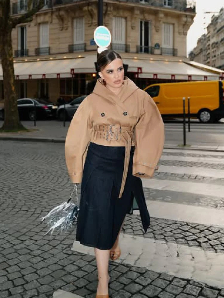 Chic Punk Trench Coat For Women Full Sleeve Loose Hooded Crop Jacket Lapel Bat Sleeve Long Coats 2025 Lady Y2k Fall Outwears 250929