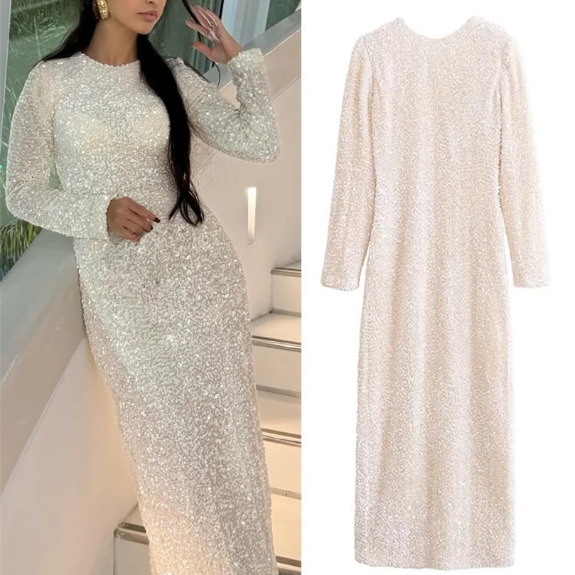 Elegant Sequined Solid Women Dresses Full Sleeve O Neck Lady Maxi Dress Fashion Sexy Party Evening Straight Female Vestidos 250208