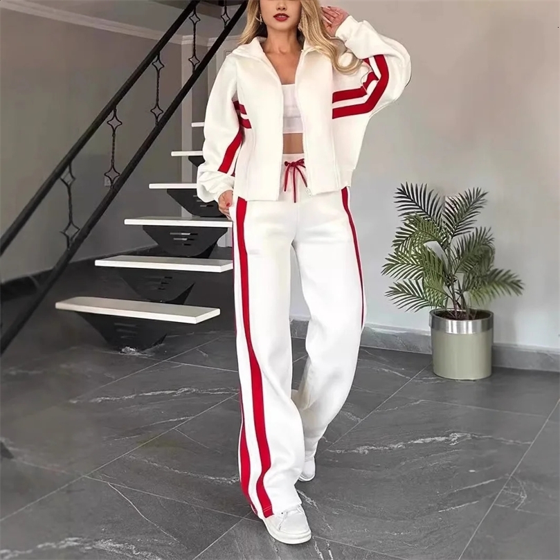 Two Piece Set Women Fashion Striped Print Lapel Zipper Coat High Waist Pants Outfit Autumn Winter Long Sleeve Suit Tracksuit 250120wtt