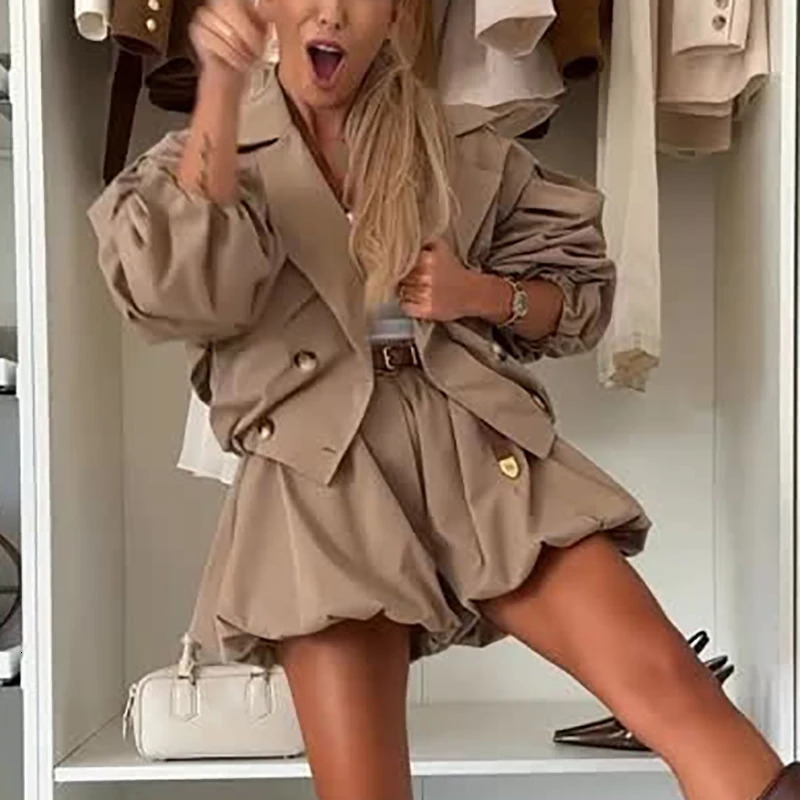 Elegant Lapel Collar Trench Coat Skirt Outfit Women Fashion Hight Waist Solid Mini Skirt Suit Casual Long Sleeve Loose 2Pc Set 250929