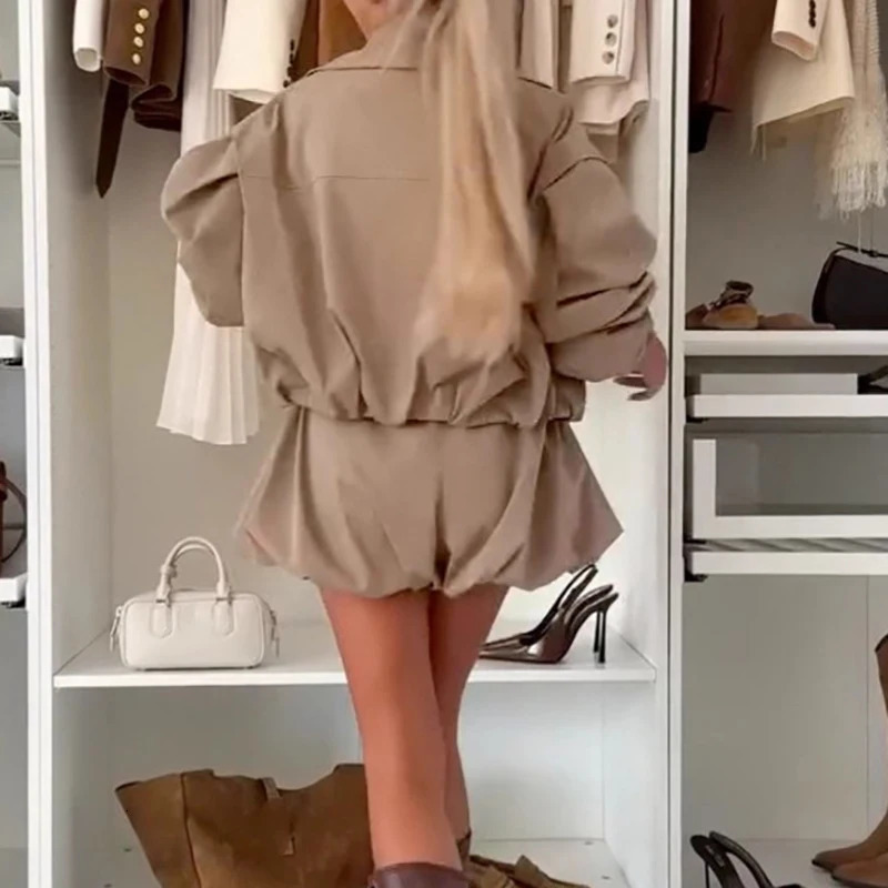 Elegant Lapel Collar Trench Coat Skirt Outfit Women Fashion Hight Waist Solid Mini Skirt Suit Casual Long Sleeve Loose 2Pc Set 250929