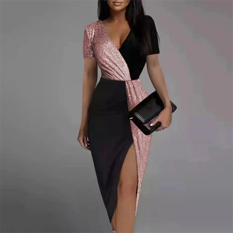 Ladies Sexy Cocktail Party Dresses For Women Plus Size Colorblock Sequined Waist Dress robe femme 250208wtt