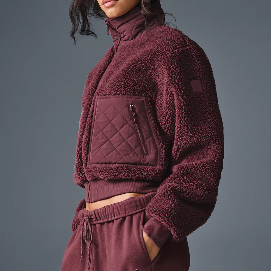 Womens Bomber Jacket Lambhair Hooded Short Winter Jacket With Sherpa-lined Collar Sporty And Casual Stand Up Collar Jacket Top Sports Jacket With Zippered pockets