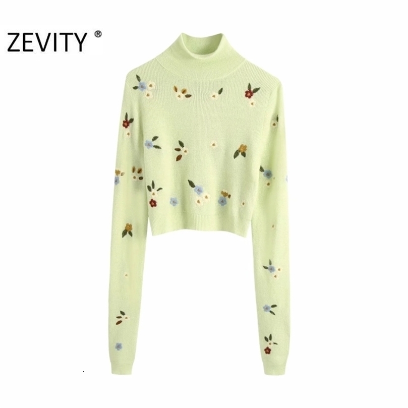 Zevity women fashion turtleneck collar flower embroidery knitting sweater ladies long sleeve casual slim sweaters chic tops S401 201111wtt