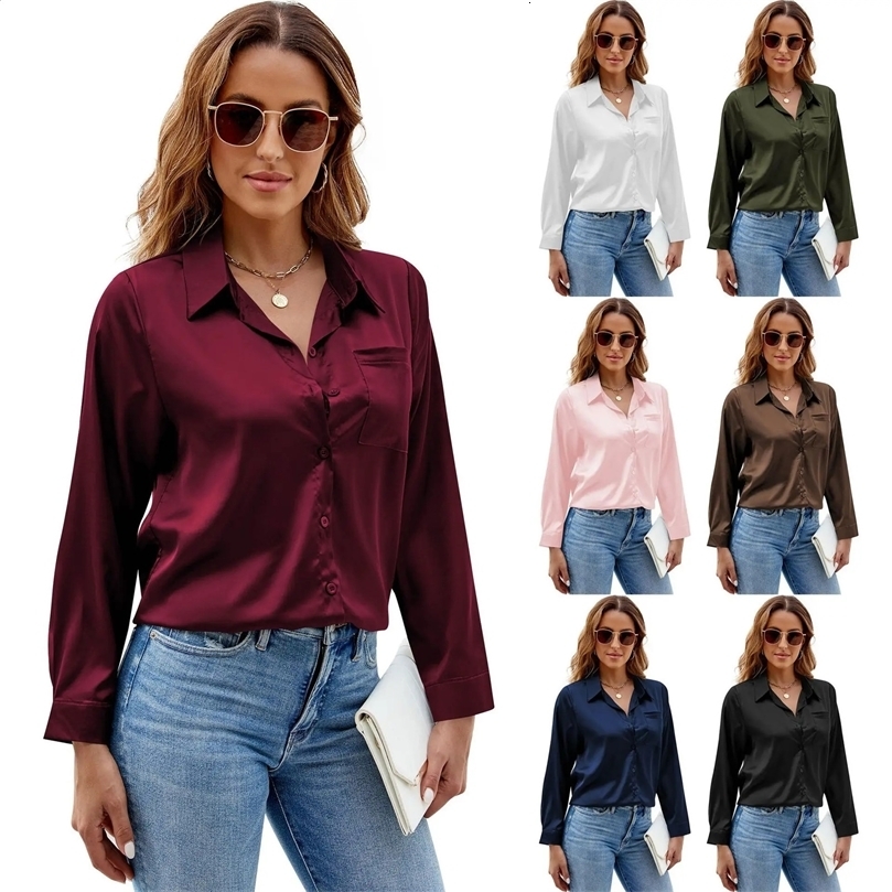 Spring Autumn Women Satin Button Up Shirt Long Sleeve Tops Office Slim Fit Top Pocket Blouses Womens With Sleeves 250120wtt
