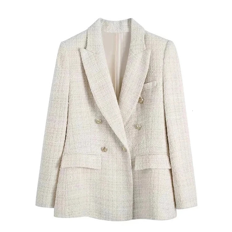 TRAF Women Fashion Tweed Double Breasted Blazer Coat Vintage Long Sleeve Flap Pockets Female Outerwear Chic Veste Femme 250208wtt