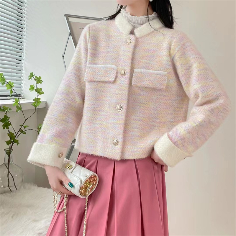 French style autumn and winter new design sense knitted cardigan women's jacket gradient stripe fake pocket coarse wool short coat stand fashion 