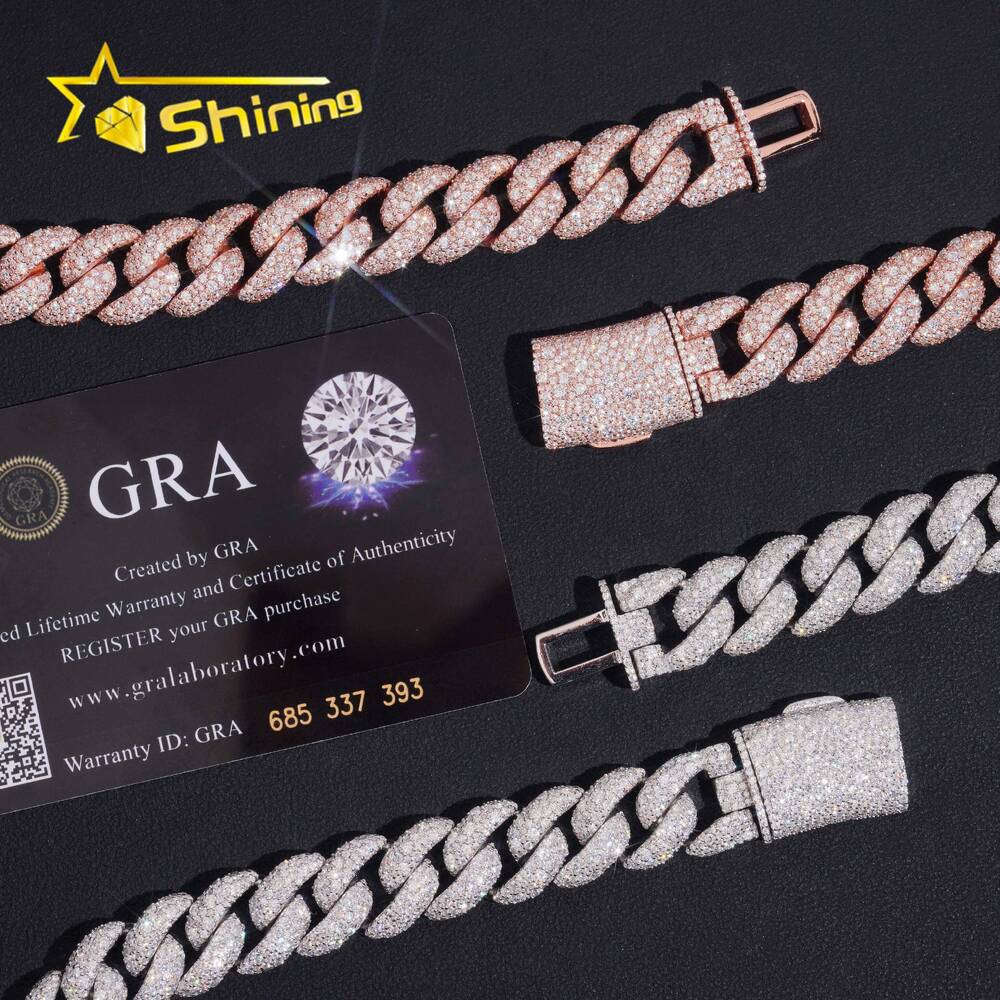 New Arrivals Iced Out Hip Hop 925 Sterling Silver 14mm Mosaic Set Moissanite Diamond Rose Gold Cuban Link Chain