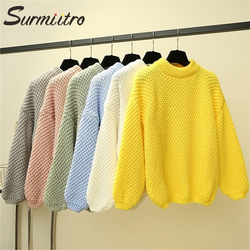 SURMIITRO Knitted Autumn Winter Sweater Women Lady Korean Long Lantern Sleeve Jumper Pullover Female Yellow Blue Knitwear 201030wtt