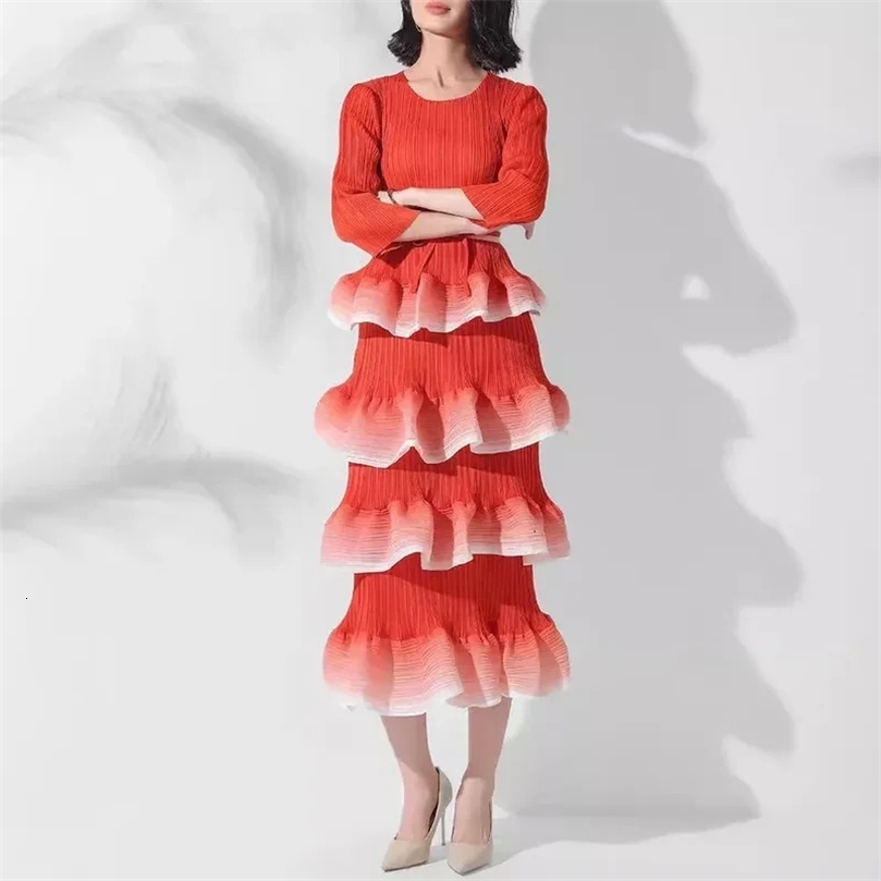 Miyake MidLength Dress Gradient Tiered Skirt Ruffled Hem Drawstring Detail FrenchInspired Chic Pleats Evening Dresses 250208wtt