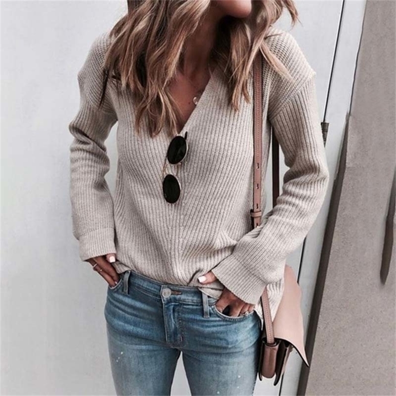 Autumn V Neck Sweater Women Jumper Ladies Knit Plus Size Sweaters For Women Long Sleeve Loose Knited Sweater Female 201111wtt