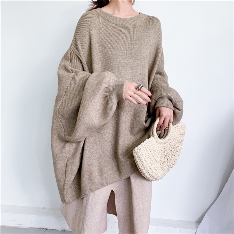 LANMREM autumn New Fashion Solid Color Round Neck Pullover Bat Sleeve Large Size Long Knit Sweater Women PB615 201030wtt