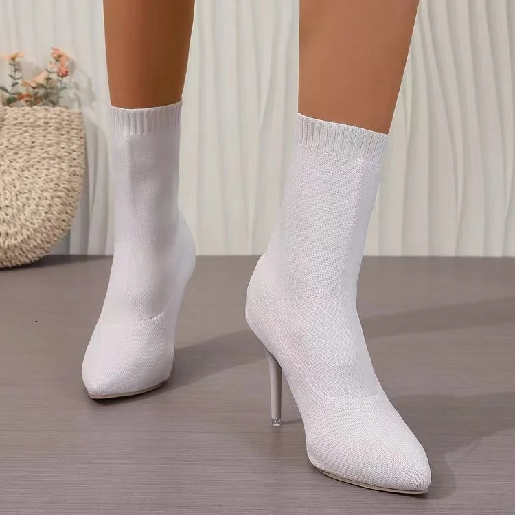 Women Socks Shoes Stretch Fabric Women Ankle Boots Pointed Toe High Heels SlipOn Sexy Sock Heeled Chelsea Boots Size 250930