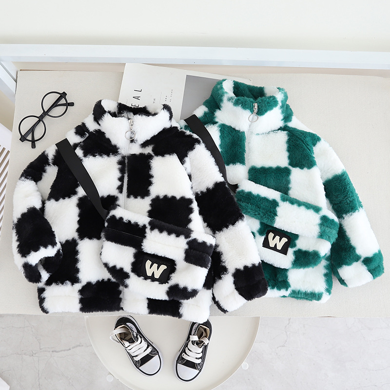 New Toddler Boys' Winter Plaid Fleece-Lined Jacke Stylish Trendy Korean-Style Zip-Up Sports Coat