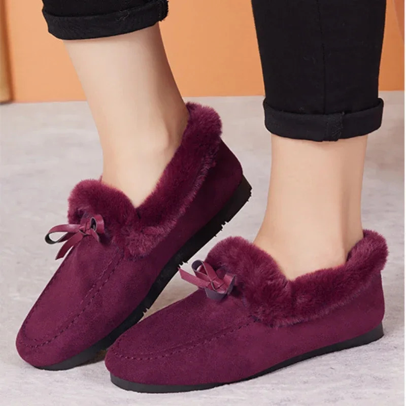Women Winter Casual Shoes Moccasins Soft Flat Nonslip Loafers Fashion Comfort Warm Plush Bow Slip on Female Cotton Shoes 250930