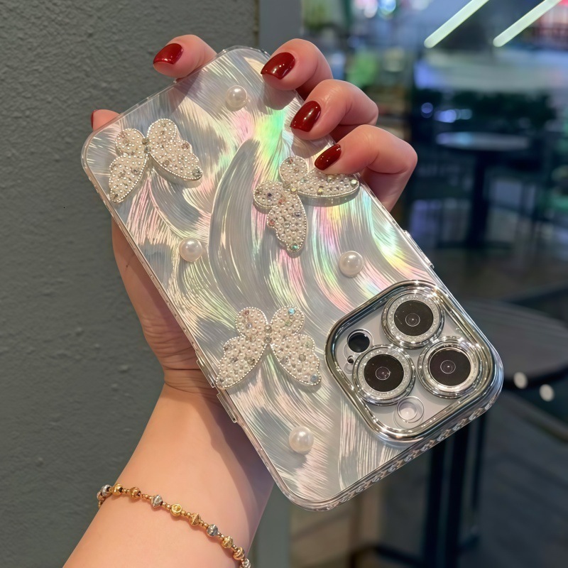 for iPhone 17 Pro Max Case Cute Bling for Women Girls, Luxury 3D Butterfly Design Shiny Glitter Rhinestone Pearl Camera Shockproof Protective Phone Ca