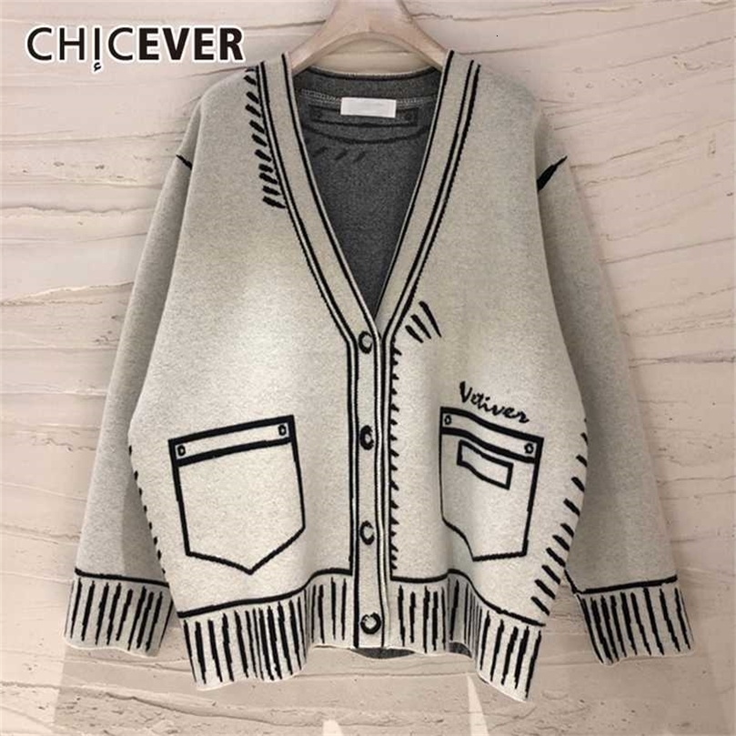 CHICEVER Casual Loose Sweaters For Women Print V Neck Long Sleeve Plus Size Elegant Cardigans Female Fashion Clothing Style 211123wtt