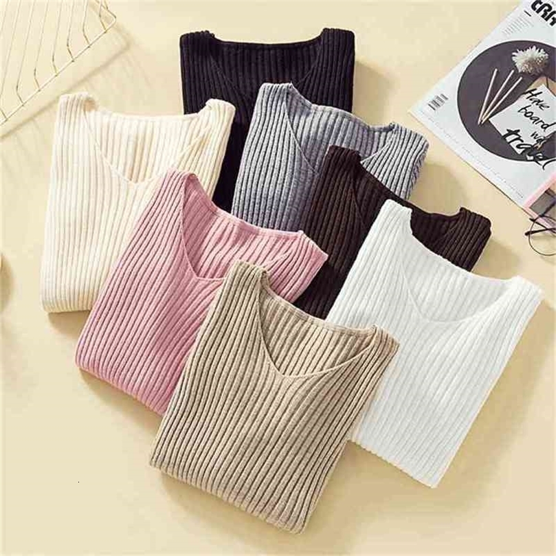 Pullover Knit Sweater Women Winter Clothes Women Jumper V Neck Soft Rib Knitted Winter Tops Knitwear Pull Femme Sweaters 210810wtt