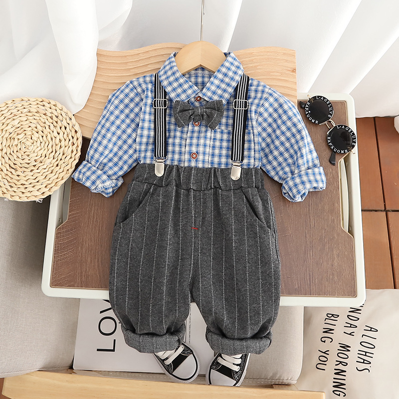 Trendy Toddler Boys' Plaid Long-Sleeve Suspender Pants Set Stylish Casual Outfit for Spring & Autumn 2025s free shipping