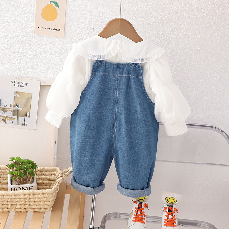 2025s New Spring & Autumn Toddler Girls' Denim Suspender Pants Set Stylish Trendy Long-Sleeve 2 Piece Outfit