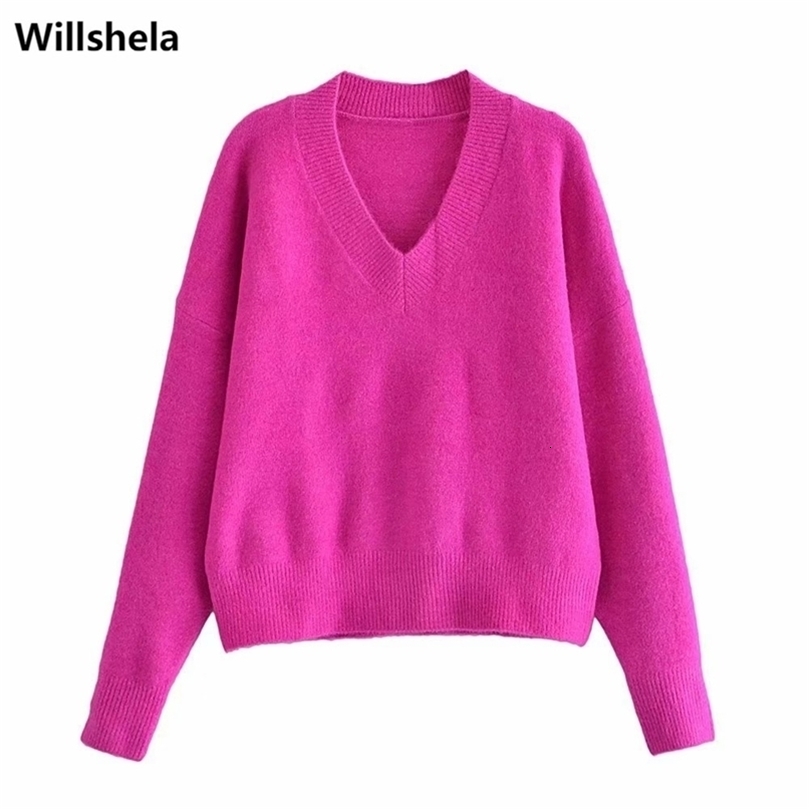 Willshela Women Fashion Knit Sweater Top Long sleeves V-Neck Soft Knitwear Casual Knitted sweaters Pullover Woman Tops 211123wtt