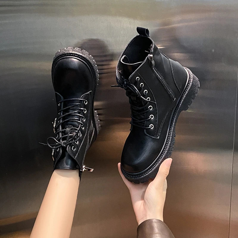 Round Toe Fashionable Side Zipper Motorcycle Shoes Solid Color Elegant Warm Casual Laceup Nonslip Womens Boots 250930