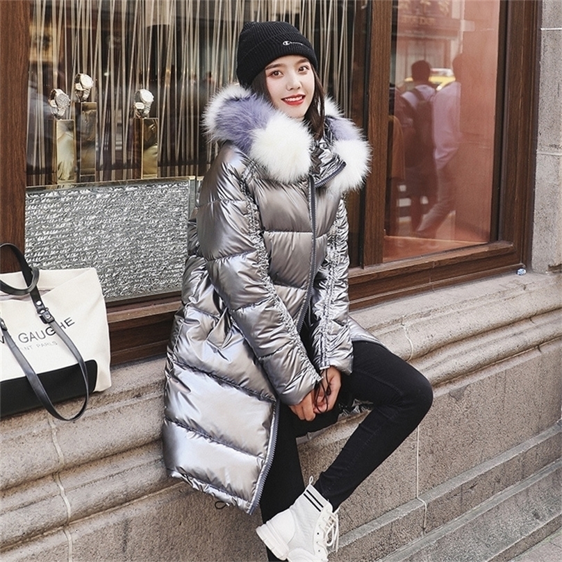 New Fashion Waterproof Glossy Down Parkas Womens Winter Jackets Warm Big Fur Collar Windproof Ladies Medium Long Hooded Coats 201103wtt