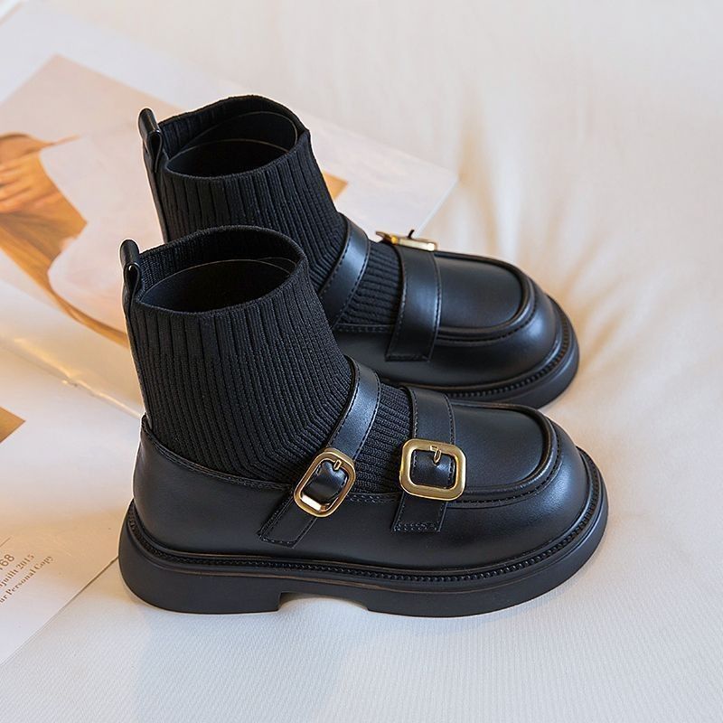 Autumn Winter Kids Fashion Boots Youth Buckle PU Knitted Girls Ankle Shoes Umshop Slip On Soft Bottom Toddler Socks Boots Sizes 23 - 36 U0292