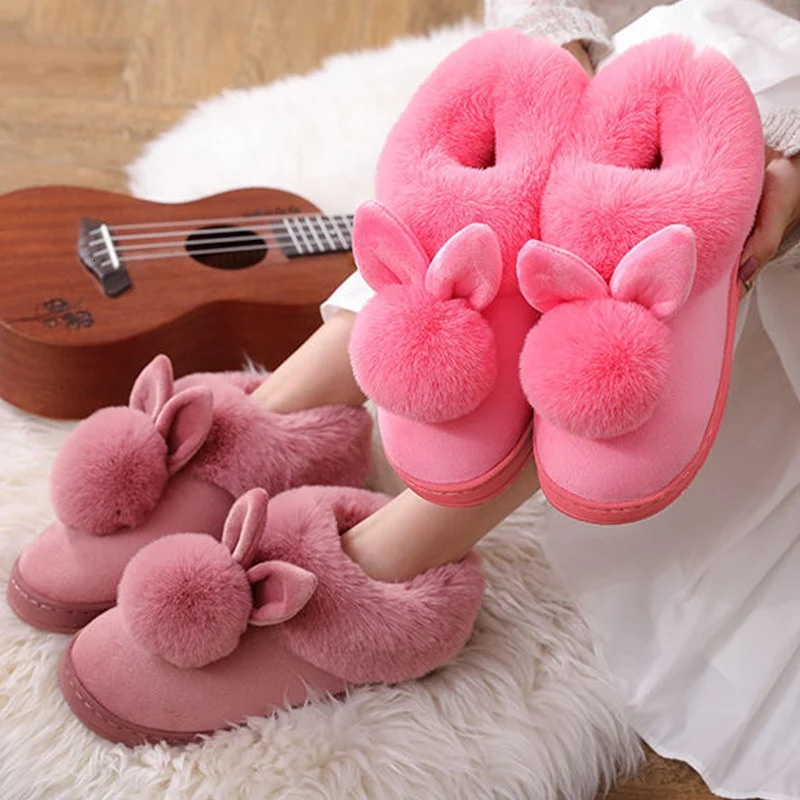 Winter Warm Home Fur Boots Womens Indoor Home Rabbit Shoe Furry Ears Footwear Indoor Bedroom Flat Heels Fluffy Ankle Boots 250930