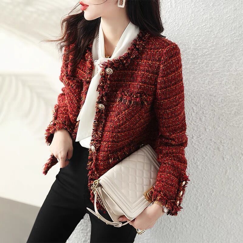 2025 Elegant Coarse Wool Short Coat design for Social New Year, Red Short Woven Jacket, Designer Jacket, Women's Floral and Tassel Top, Autumn/Wi