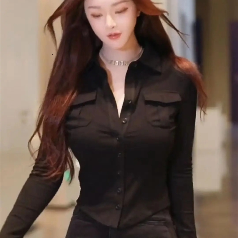 Simple Solid Color Slim Fit POLO Collar Long Sleeved Shirt Women in the Autumn Fashionable and Slimming Versatile Commuting Top 250120wtt