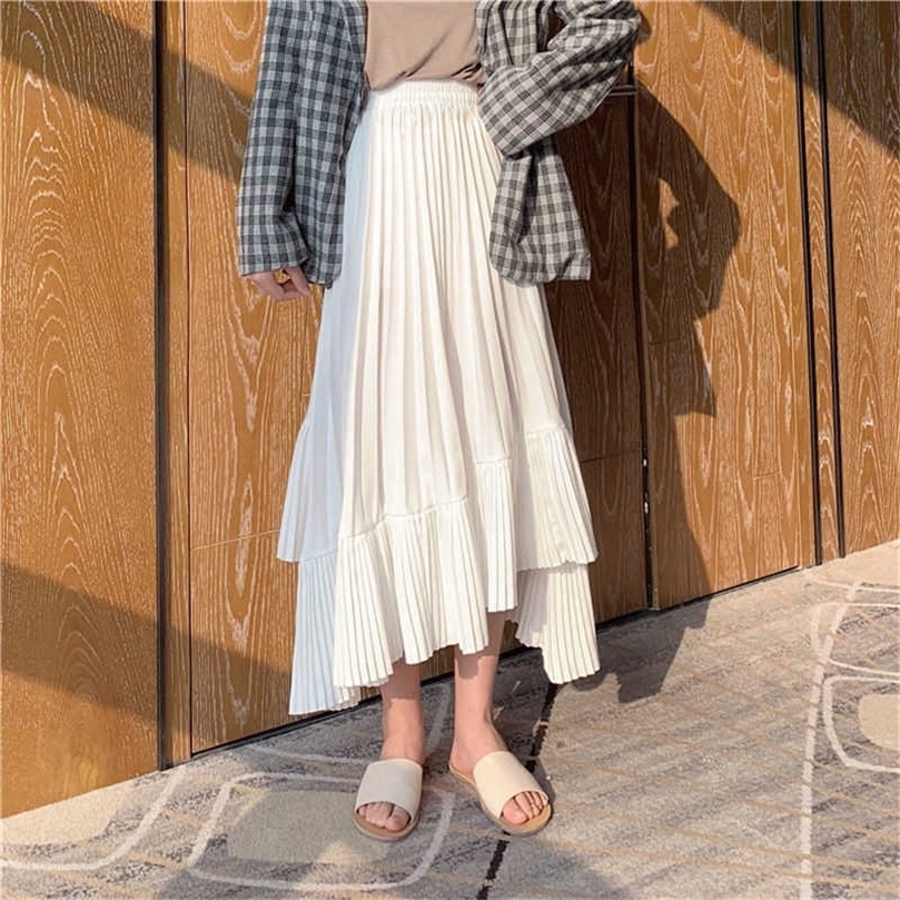 Students School Irregular Pleated Skirt for Women Summer Black White Harajuku Chic Sweet Skirts Female High Waist Long Skirts 210619wtt