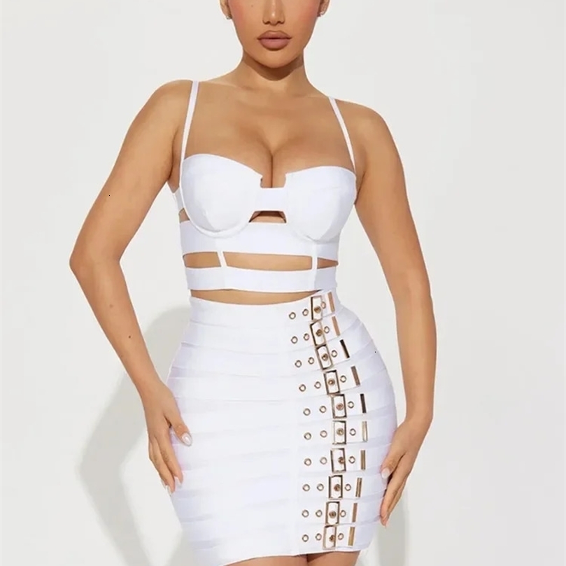 Women Celebrity Sexy Cut Out Mental Black White Mini Bodycon Bandage Skirt Set Elegant Evening Birthday Club Party Outfits 240510wtt