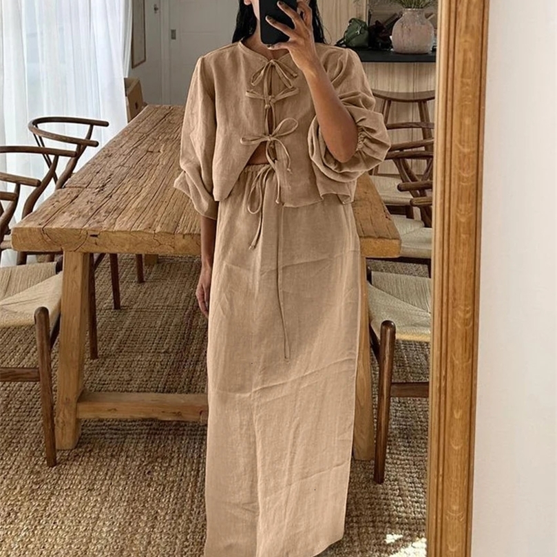 Clacive Casual Loose Khaki Cotton 2 Piece Sets Women Outfit Fashion Puff Sleeve LaceUp Shirt With High Waist Long Skirts Set 240701wtt
