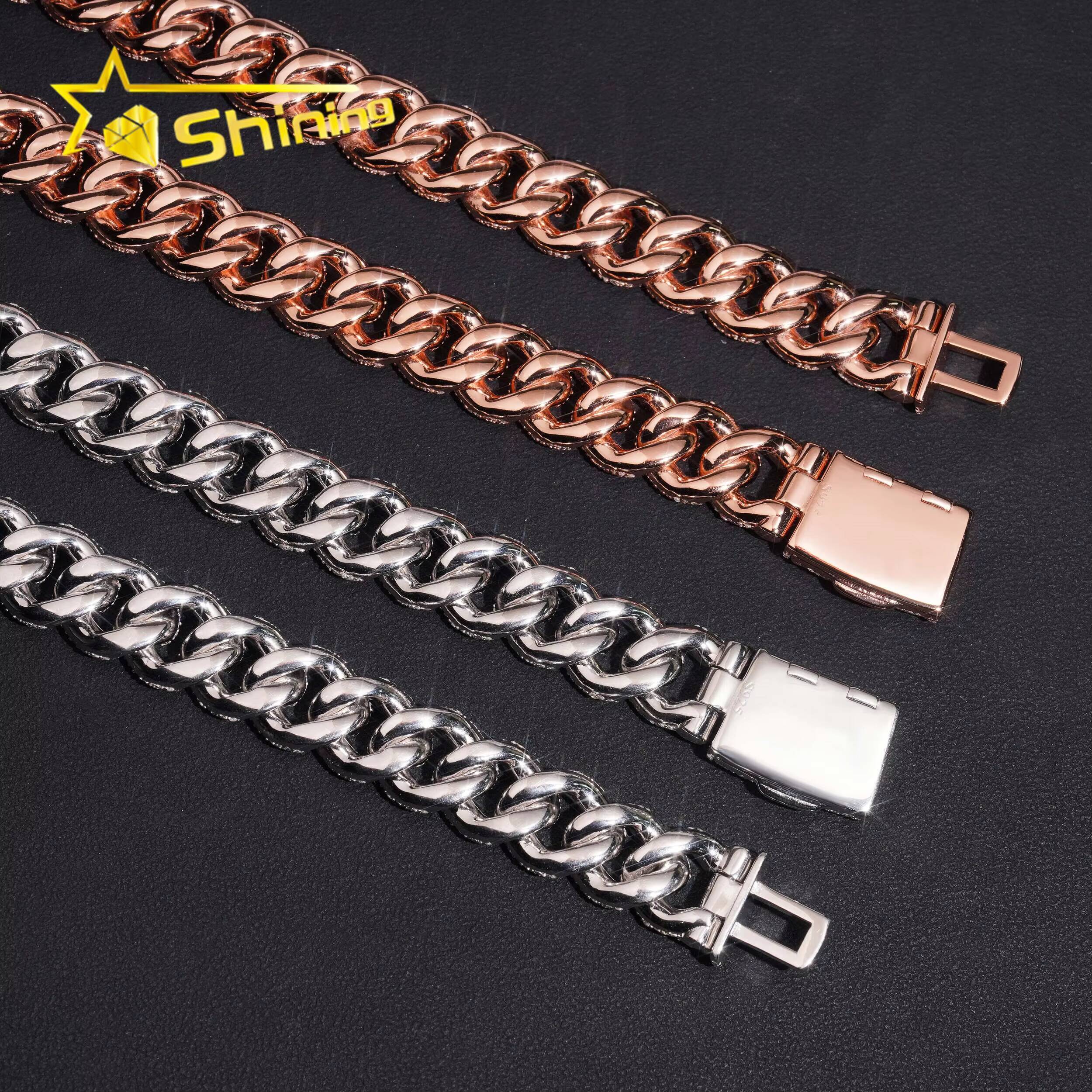 New Arrivals Iced Out Hip Hop 925 Sterling Silver 14mm Mosaic Set Moissanite Diamond Rose Gold Cuban Link Chain