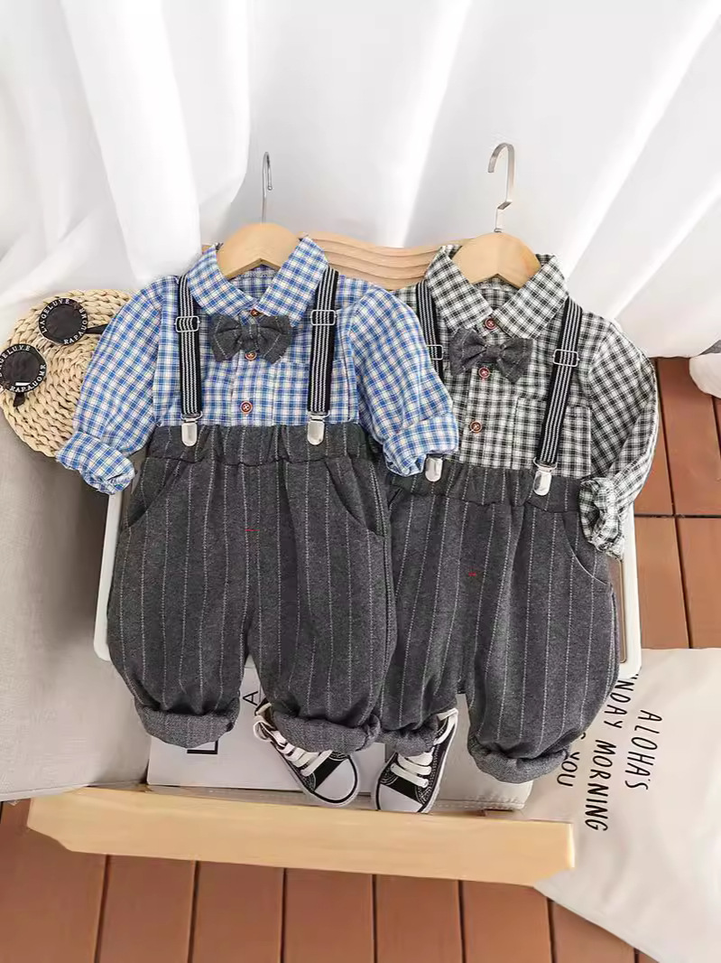 Trendy Toddler Boys' Plaid Long-Sleeve Suspender Pants Set Stylish Casual Outfit for Spring & Autumn 2025s free shipping