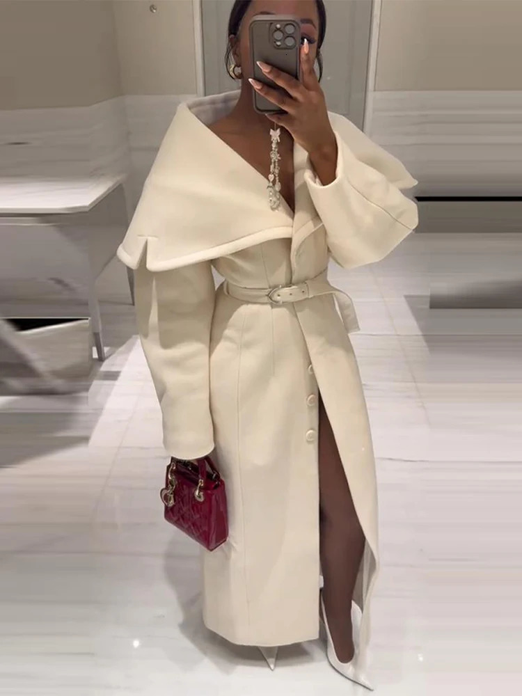 Elegant Womens Woolen Coat Lapel Full Sleeve Button Lady Long Coats With Belt Autumn Winter Fashion Female Streetwear 250929