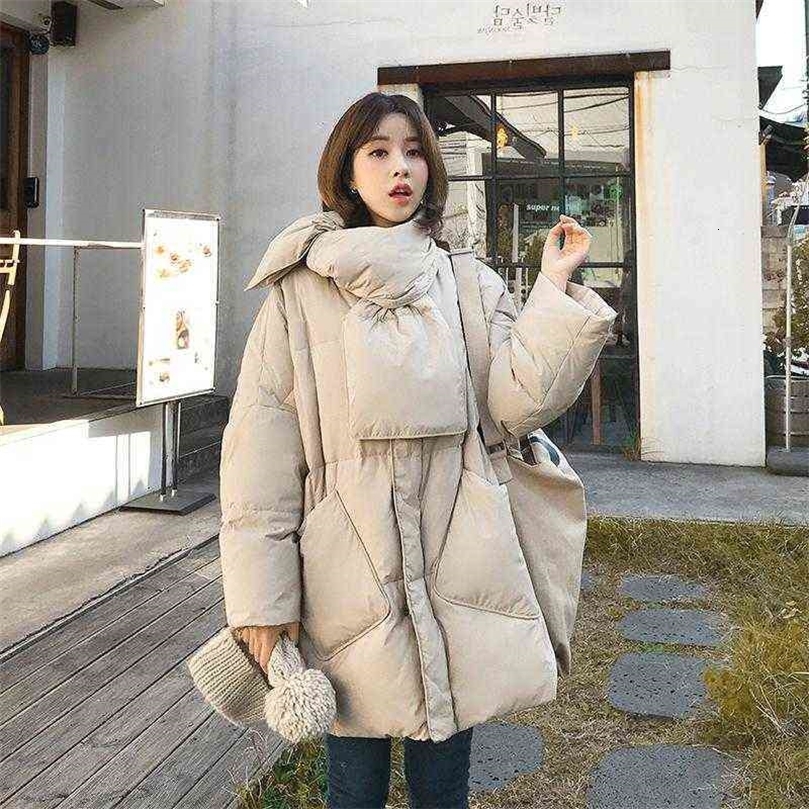 Winter Jacket Women Solid With Scarf Warm Female 90%White Duck Down Jacket Down Coat Loose Oversized Womens Long Down Parka 211221wtt