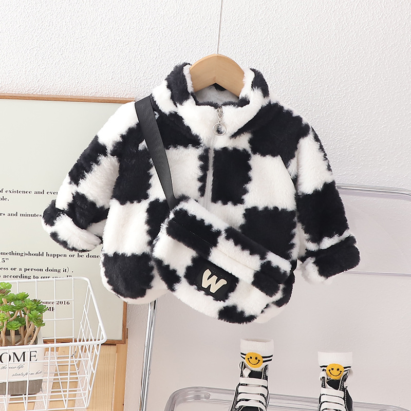 New Toddler Boys' Winter Plaid Fleece-Lined Jacke Stylish Trendy Korean-Style Zip-Up Sports Coat 2025